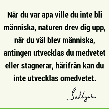 När du var apa ville du inte bli människa, naturen drev dig upp, när du väl blev människa, antingen utvecklas du medvetet eller stagnerar, härifrån kan du inte