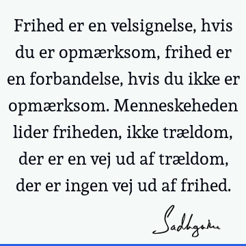 Frihed er en velsignelse, hvis du er opmærksom, frihed er en forbandelse, hvis du ikke er opmærksom. Menneskeheden lider friheden, ikke trældom, der er en vej