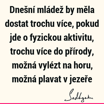 Dnešní mládež by měla dostat trochu více, pokud jde o fyzickou aktivitu, trochu více do přírody, možná vylézt na horu, možná plavat v jezeř