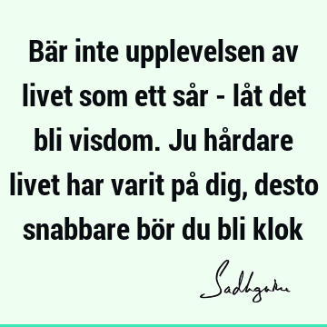 Bär inte upplevelsen av livet som ett sår - låt det bli visdom. Ju hårdare livet har varit på dig, desto snabbare bör du bli