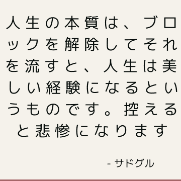 人生の本質は、ブロックを解除してそれを流すと、人生は美しい経験になるというものです。 控えると悲惨になります