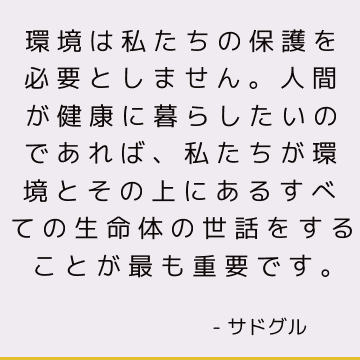 環境は私たちの保護を必要としません。 人間が健康に暮らしたいのであれば、私たちが環境とその上にあるすべての生命体の世話をすることが最も重要です。