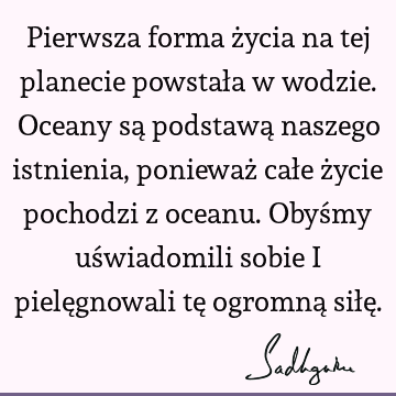 Pierwsza forma życia na tej planecie powstała w wodzie. Oceany są podstawą naszego istnienia, ponieważ całe życie pochodzi z oceanu. Obyśmy uświadomili sobie i