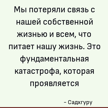Мы потеряли связь с нашей собственной жизнью и всем, что питает нашу жизнь. Это фундаментальная катастрофа, которая проявляется