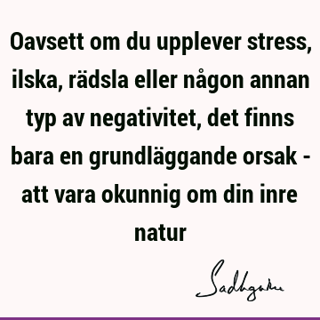 Oavsett om du upplever stress, ilska, rädsla eller någon annan typ av negativitet, det finns bara en grundläggande orsak - att vara okunnig om din inre