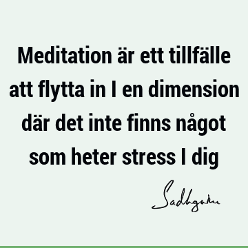 Meditation är ett tillfälle att flytta in i en dimension där det inte finns något som heter stress i
