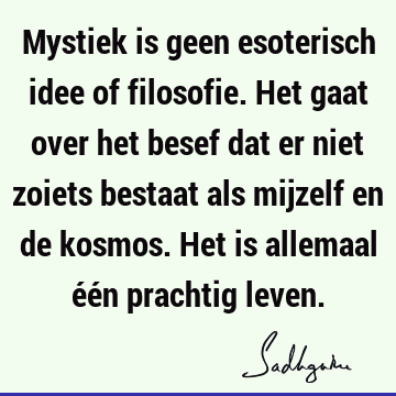 Mystiek is geen esoterisch idee of filosofie. Het gaat over het besef dat er niet zoiets bestaat als mijzelf en de kosmos. Het is allemaal één prachtig