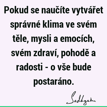 Pokud se naučíte vytvářet správné klima ve svém těle, mysli a emocích, svém zdraví, pohodě a radosti - o vše bude postará