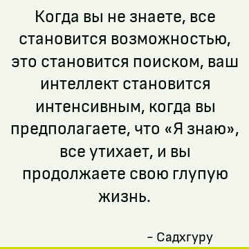 Когда вы не знаете, все становится возможностью, это становится поиском, ваш интеллект становится интенсивным, когда вы предполагаете, что «Я знаю», все утихает