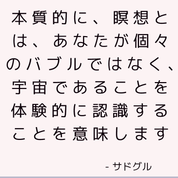 本質的に、瞑想とは、あなたが個々のバブルではなく、宇宙であることを体験的に認識することを意味します