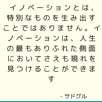 イノベーションとは 特別なものを生み出すことではありません イノベーションは 人生の最もありふれた側面においてさえも現れを見つけることができます サドゥグル