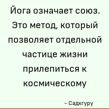 Йога означает союз. Это метод, который позволяет отдельной частице жизни прилепиться к космическому