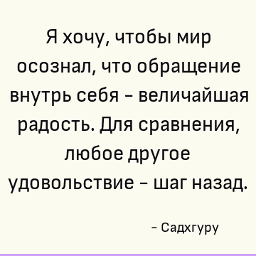 Я хочу, чтобы мир осознал, что обращение внутрь себя - величайшая радость. Для сравнения, любое другое удовольствие - шаг назад