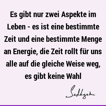 Es gibt nur zwei Aspekte im Leben - es ist eine bestimmte Zeit und eine bestimmte Menge an Energie, die Zeit rollt für uns alle auf die gleiche Weise weg, es