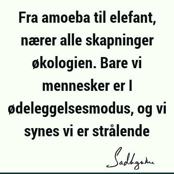 Fra amoeba til elefant, nærer alle skapninger økologien. Bare vi mennesker er i ødeleggelsesmodus, og vi synes vi er strå