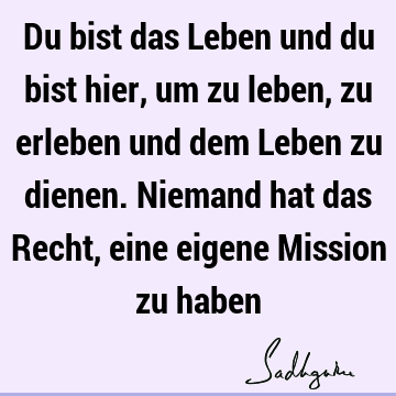 Du bist das Leben und du bist hier, um zu leben, zu erleben und dem Leben zu dienen. Niemand hat das Recht, eine eigene Mission zu