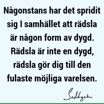 Någonstans har det spridit sig i samhället att rädsla är någon form av dygd. Rädsla är inte en dygd, rädsla gör dig till den fulaste möjliga