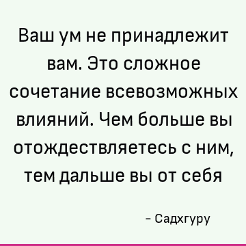 Ваш ум не принадлежит вам. Это сложное сочетание всевозможных влияний. Чем больше вы отождествляетесь с ним, тем дальше вы от себя