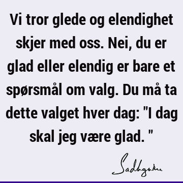 Vi tror glede og elendighet skjer med oss. Nei, du er glad eller elendig er bare et spørsmål om valg. Du må ta dette valget hver dag: "I dag skal jeg være