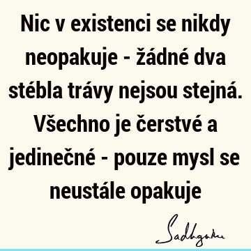 Nic v existenci se nikdy neopakuje - žádné dva stébla trávy nejsou stejná. Všechno je čerstvé a jedinečné - pouze mysl se neustále