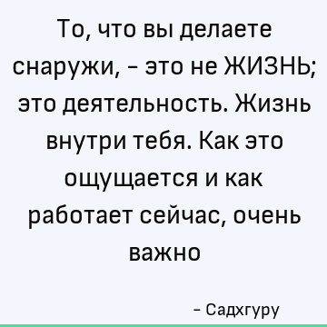 То, что вы делаете снаружи, - это не ЖИЗНЬ; это деятельность. Жизнь внутри тебя. Как это ощущается и как работает сейчас, очень важно