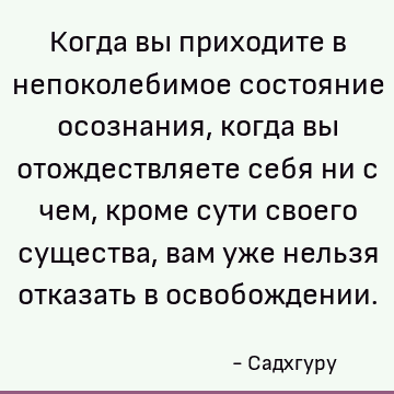 Когда вы приходите в непоколебимое состояние осознания, когда вы отождествляете себя ни с чем, кроме сути своего существа, вам уже нельзя отказать в освобождени