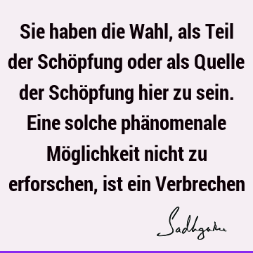 Sie haben die Wahl, als Teil der Schöpfung oder als Quelle der Schöpfung hier zu sein. Eine solche phänomenale Möglichkeit nicht zu erforschen, ist ein V