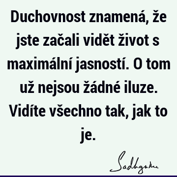 Duchovnost znamená, že jste začali vidět život s maximální jasností. O tom už nejsou žádné iluze. Vidíte všechno tak, jak to