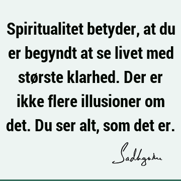 Spiritualitet betyder, at du er begyndt at se livet med største klarhed. Der er ikke flere illusioner om det. Du ser alt, som det