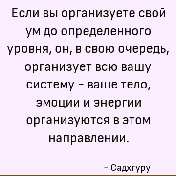 Если вы организуете свой ум до определенного уровня, он, в свою очередь, организует всю вашу систему - ваше тело, эмоции и энергии организуются в этом направлен