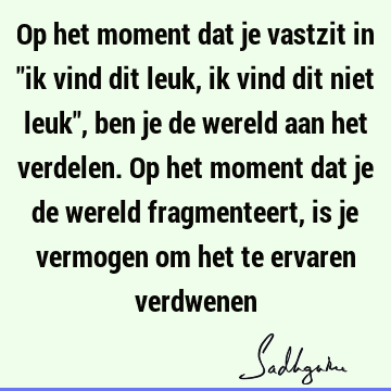 Op het moment dat je vastzit in "ik vind dit leuk, ik vind dit niet leuk", ben je de wereld aan het verdelen. Op het moment dat je de wereld fragmenteert, is