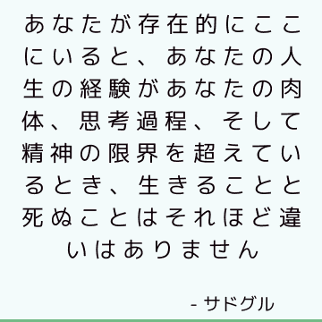 あなたが存在的にここにいると、あなたの人生の経験があなたの肉体、思考過程、そして精神の限界を超えているとき、生きることと死ぬことはそれほど違いはありません