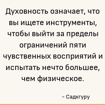 Духовность означает, что вы ищете инструменты, чтобы выйти за пределы ограничений пяти чувственных восприятий и испытать нечто большее, чем физическое