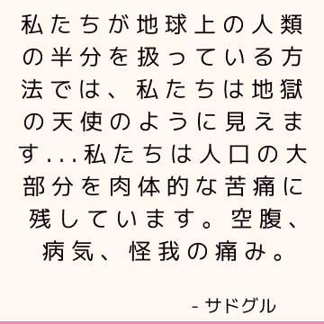 私たちが地球上の人類の半分を扱っている方法では、私たちは地獄の天使のように見えます...私たちは人口の大部分を肉体的な苦痛に残しています。 空腹、病気、怪我の痛み。