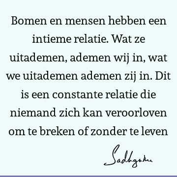 Bomen en mensen hebben een intieme relatie. Wat ze uitademen, ademen wij in, wat we uitademen ademen zij in. Dit is een constante relatie die niemand zich kan