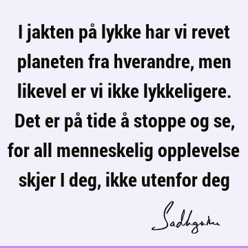 I jakten på lykke har vi revet planeten fra hverandre, men likevel er vi ikke lykkeligere. Det er på tide å stoppe og se, for all menneskelig opplevelse skjer