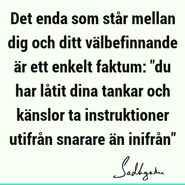 Det enda som står mellan dig och ditt välbefinnande är ett enkelt faktum: "du har låtit dina tankar och känslor ta instruktioner utifrån snarare än inifrån"