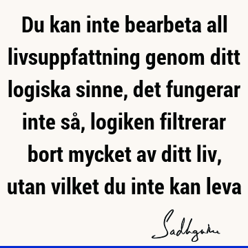 Du kan inte bearbeta all livsuppfattning genom ditt logiska sinne, det fungerar inte så, logiken filtrerar bort mycket av ditt liv, utan vilket du inte kan