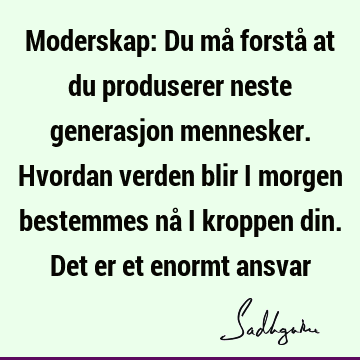 Moderskap: Du må forstå at du produserer neste generasjon mennesker. Hvordan verden blir i morgen bestemmes nå i kroppen din. Det er et enormt